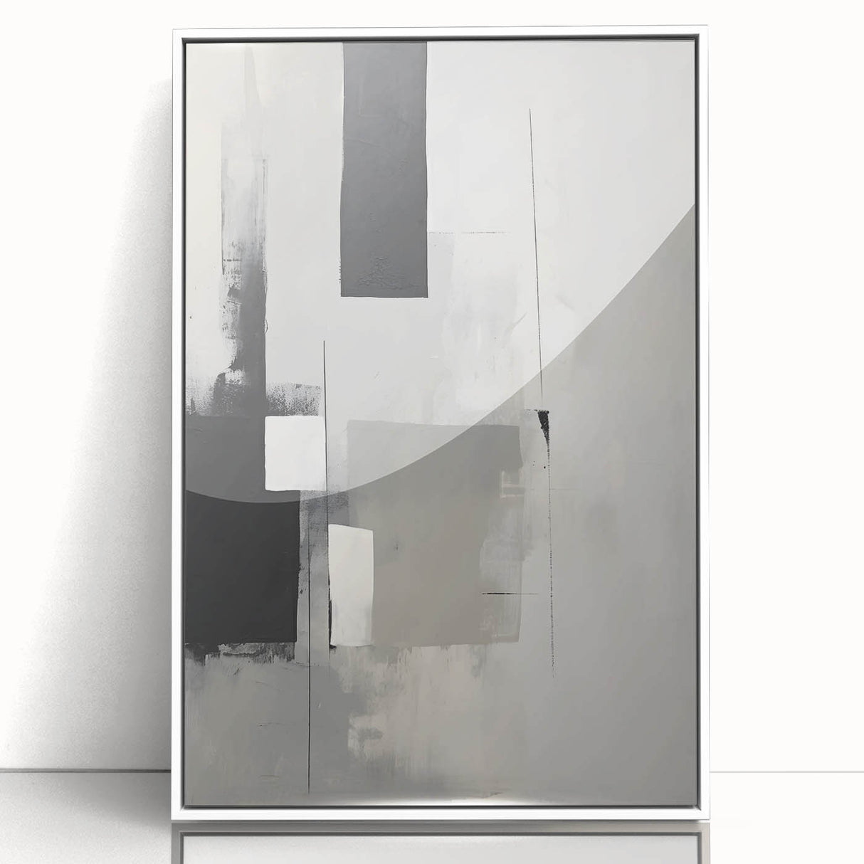 Framed abstract minimalist wall art featuring a white acrylic design with smooth lines and geometric shapes, perfect for modern home decor. Ideal for adding a contemporary touch to living spaces or offices.