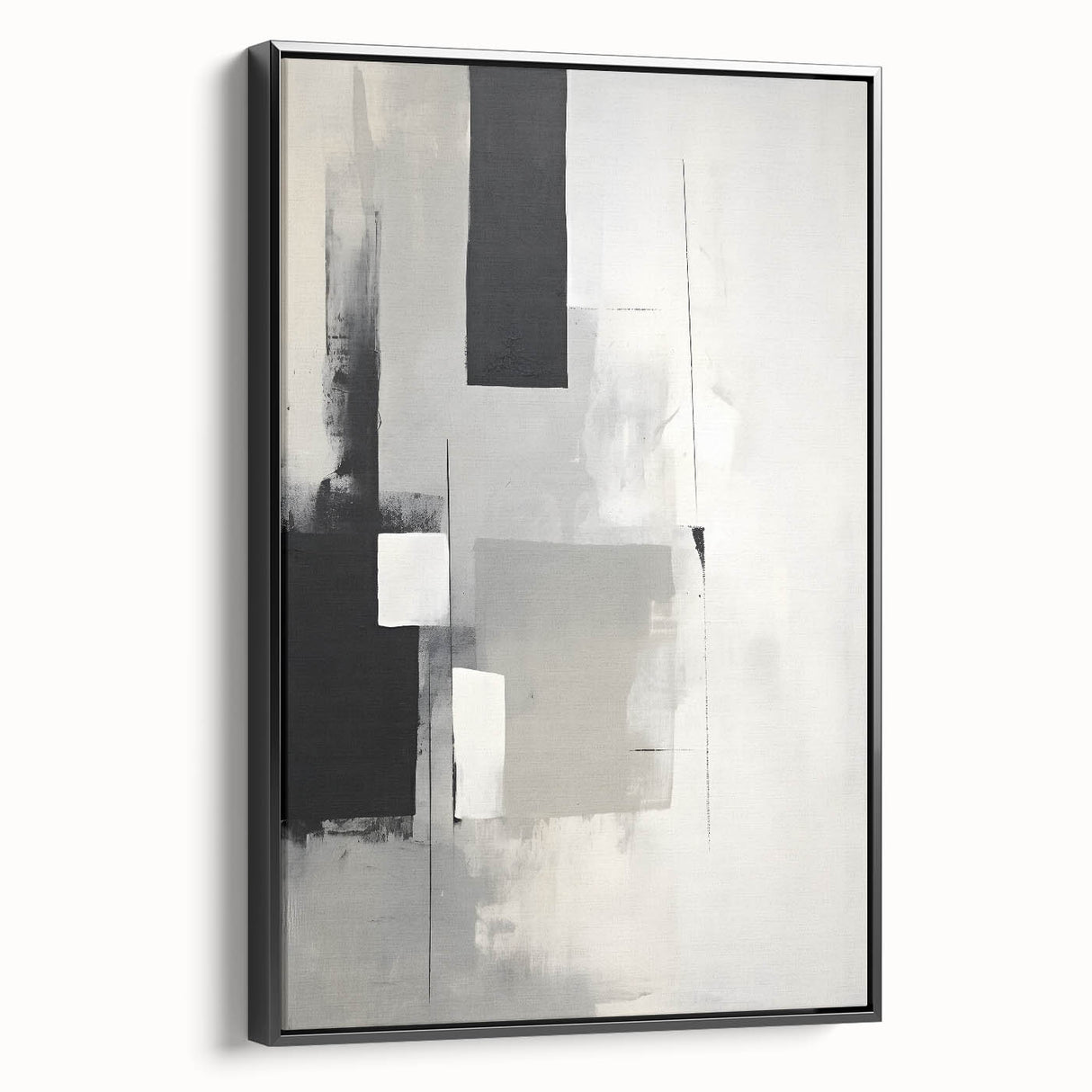 Abstract minimalist wall art in a sleek black frame, showcasing a unique geometric design on canvas, ideal for modern home decor. Perfect for enhancing any living space with a touch of sophistication and style.