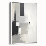 Framed abstract minimalist wall art in a sleek white frame, showcasing geometric shapes and soft colors, ideal for modern home decor and aesthetic enhancement.