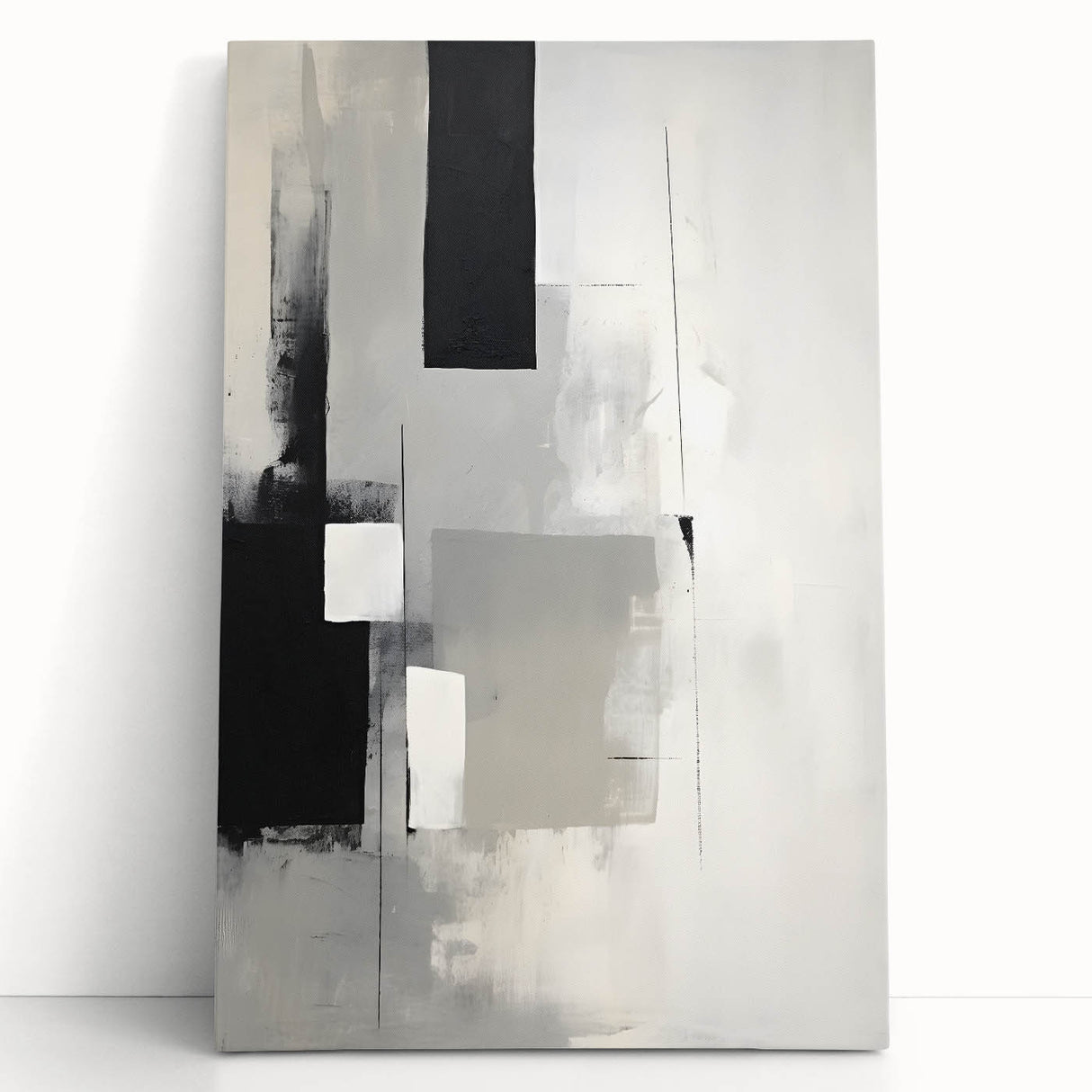 Abstract minimalist wall art on stretched canvas, showcasing soft pastel colors and geometric shapes, leaning against a neutral wall for a modern aesthetic. Ideal for contemporary home decor.