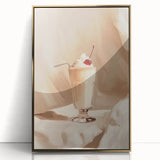 Large art print of a mid-century modernist food and drink motif in gold tones, framed acrylic.