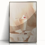 Mid-century modernist art of food and drinks in muted tones on a silver framed acrylic, ideal for modern kitchen decor.