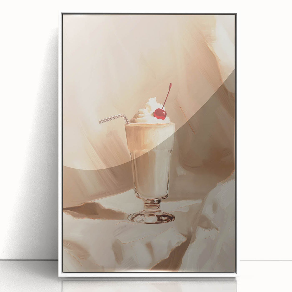 Art Deco poster featuring a stylized food and drinks motif in monochrome, framed in white acrylic.