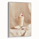 Vintage poster art of colorful food and drinks on a large framed canvas, suitable for living room decor.