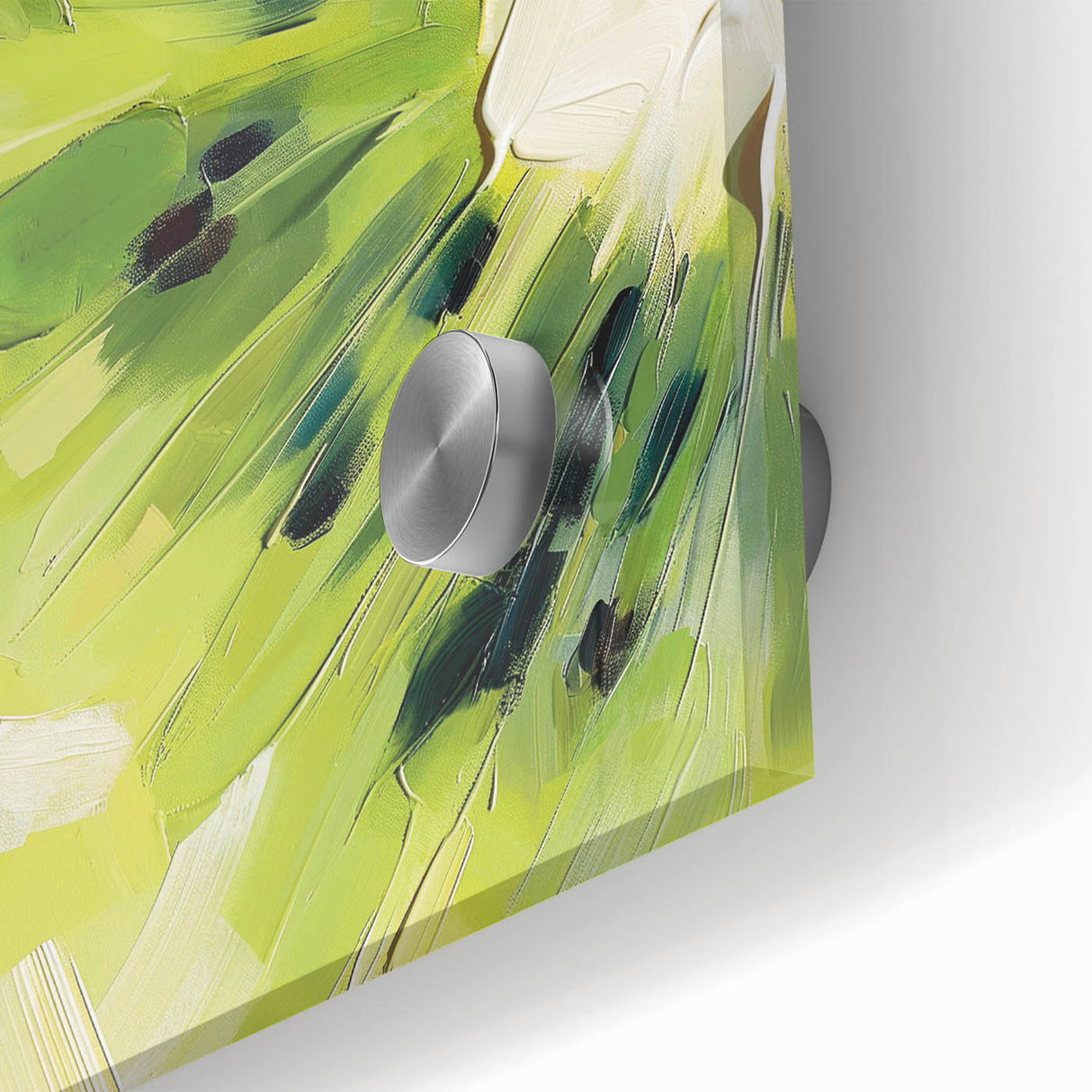 Large abstract wall art featuring assorted fruits in vibrant colors on acrylic glass, ideal for dining room decor.