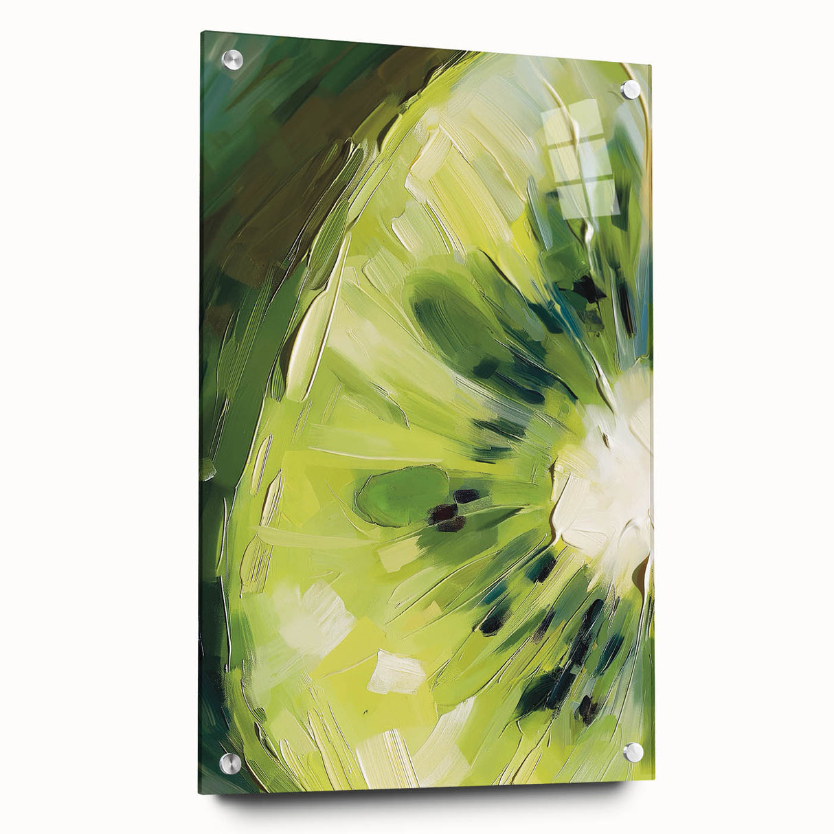 Acrylic print of large abstract wall art featuring assorted fruits in vibrant colors, ideal for dining room decor.