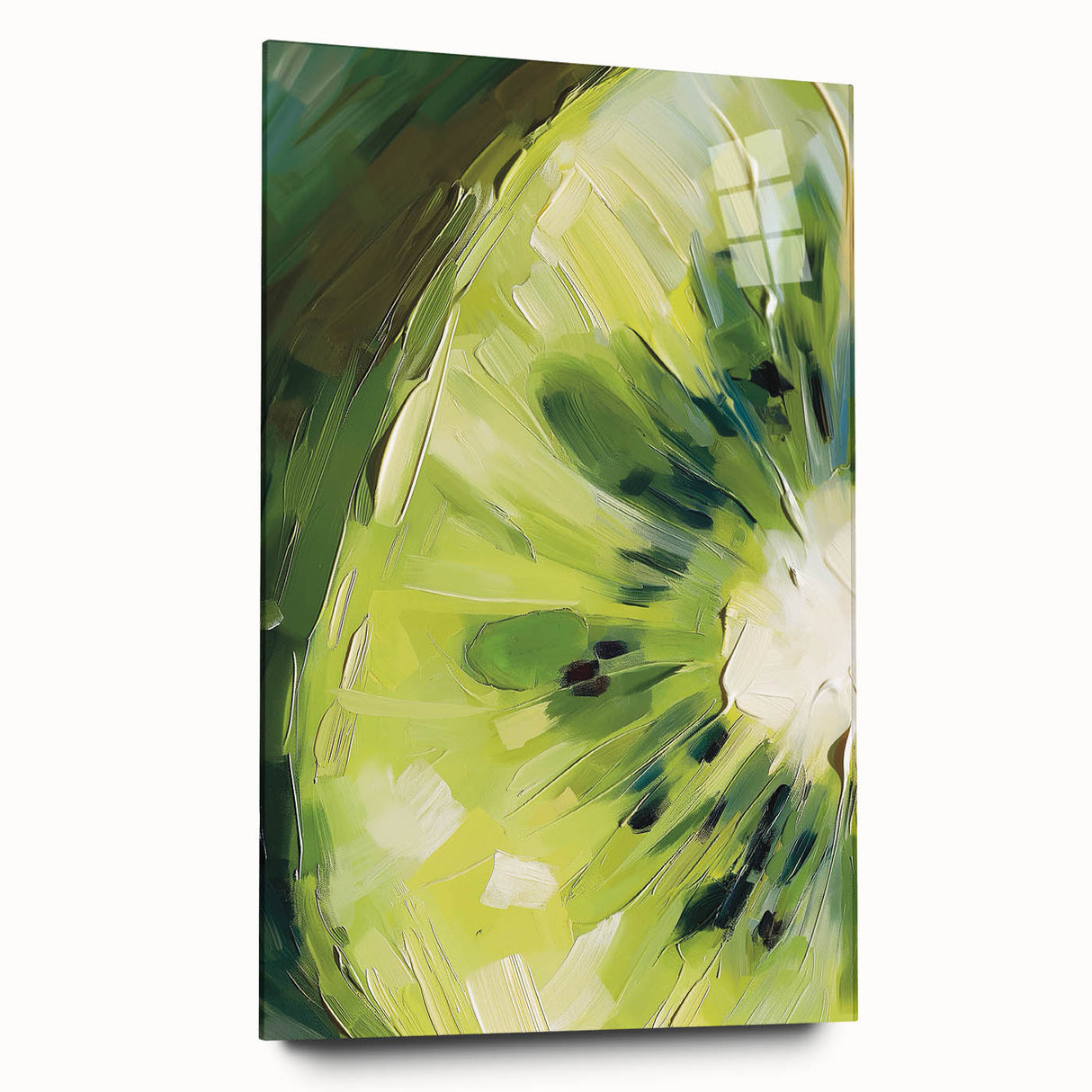 Large abstract wall art featuring assorted fruits in vibrant colors on acrylic glass, ideal for bedroom or dining room decor.