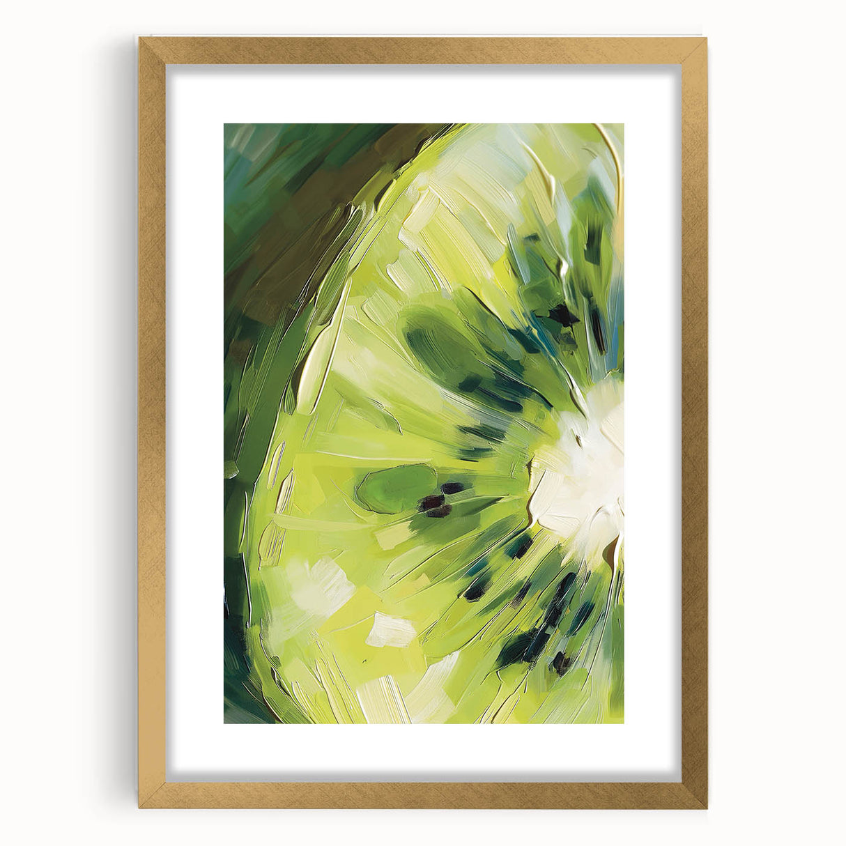 Extra large framed wall art depicting abstract fruits in textured gold and earth tones, ideal for living room decor.