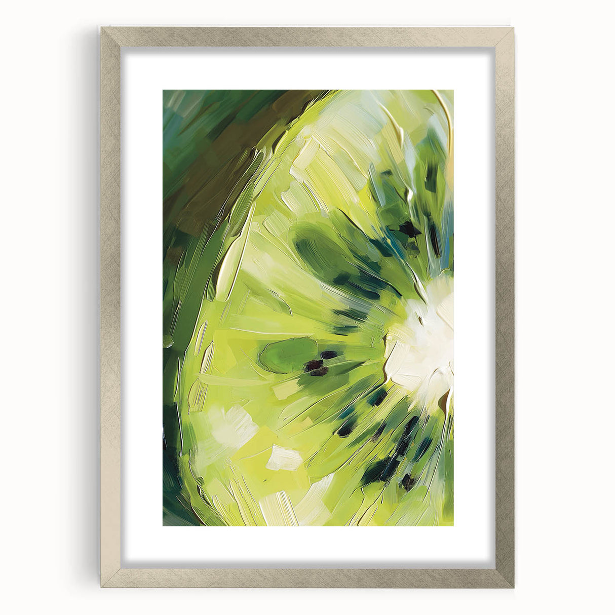 Textured art featuring abstract fruit designs in vibrant colors, framed with a silver mat, ideal for bedroom wall decor.