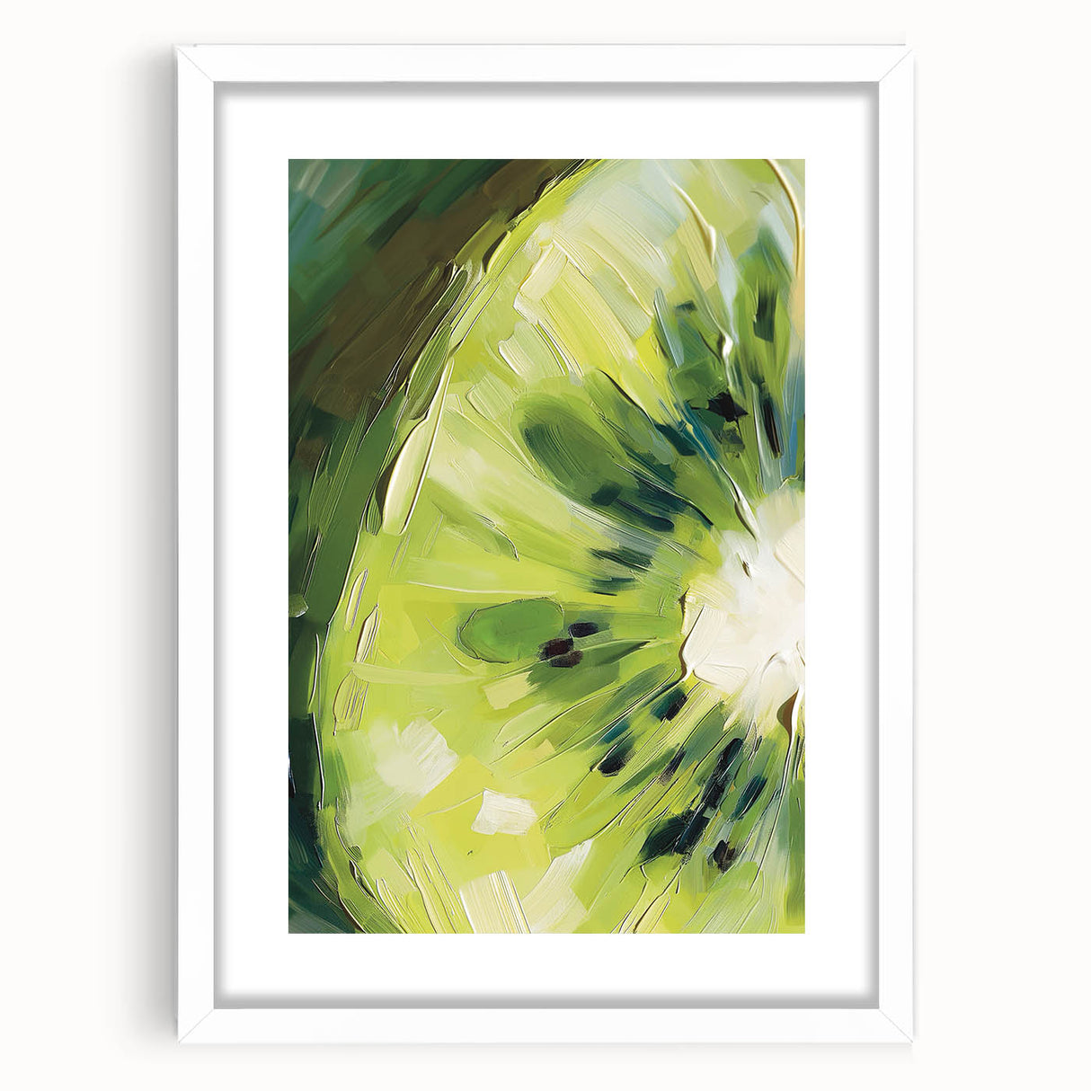 Abstract art print featuring an array of vibrant fruits on a white framed mat, suitable for dining room decor.
