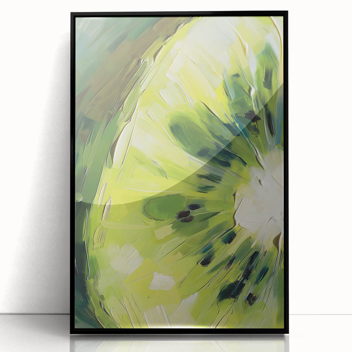 Large abstract wall art featuring assorted fruits in bold colors, framed in black acrylic, suitable for kitchen decor.