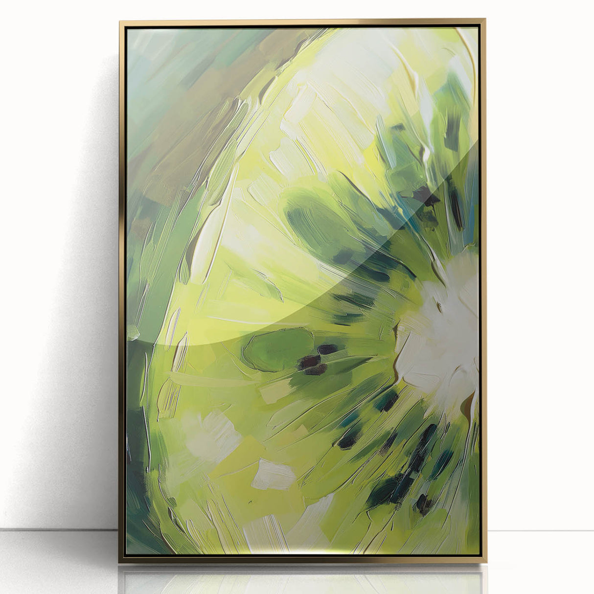 Large art print of assorted fruits in vibrant colors on a gold-framed acrylic, styled in mid-century modernist.