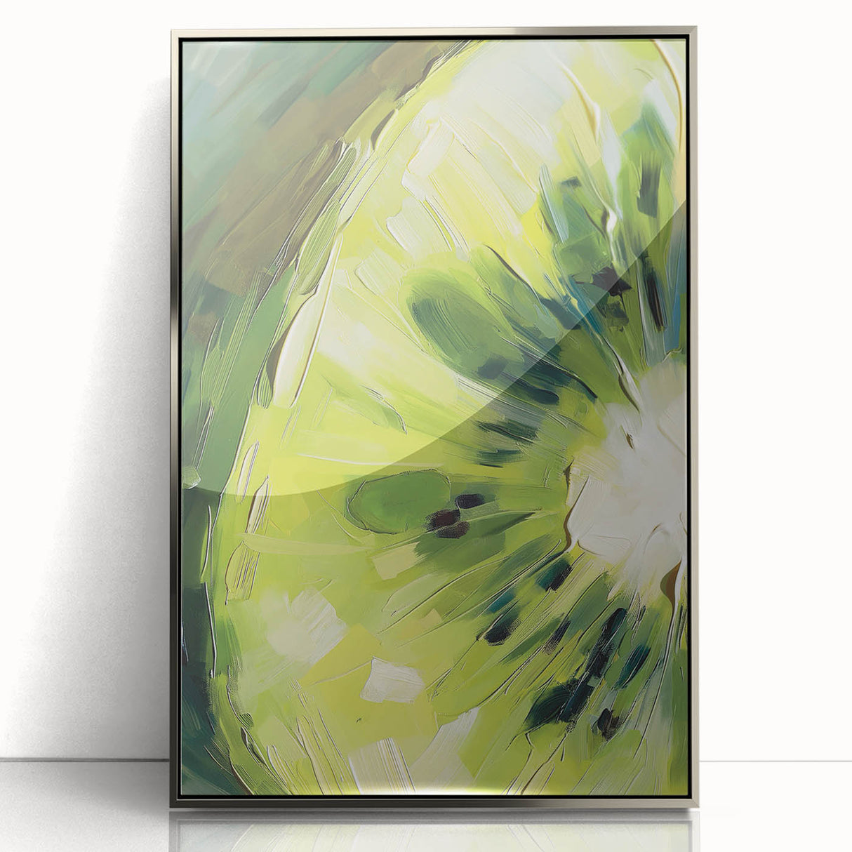 Mid-century modernist art featuring an array of fruits in vibrant colors on a silver-framed acrylic print.