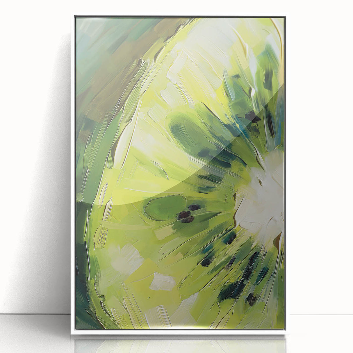 Art deco poster featuring an assortment of vibrant fruits on a white acrylic framed print, ideal for modern kitchen decor.