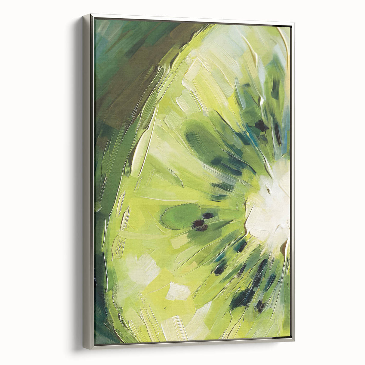 Landscape art painting of colorful fruits on a black background, framed in silver, ideal for kitchen wall decor.