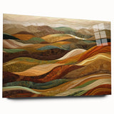 Large abstract wall art in warm autumn hues on acrylic glass, ideal for dining room ambiance.