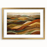 Extra large abstract art print with textured autumnal hues on a gold-framed canvas, ideal for living room decor.
