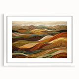 Abstract art print featuring swirling autumnal hues on a white framed canvas, ideal for dining room decor.