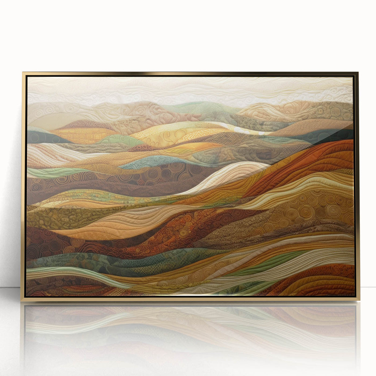 Large art print of a mid-century modernist fall scene in gold and brown tones, framed acrylic, ideal for nursery wall decor.