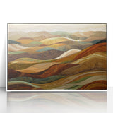 Art deco poster featuring an autumnal scene in muted orange and brown tones, acrylic print in a white frame.
