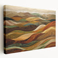 Large art depicting a fall season landscape in warm orange and yellow tones on stretched canvas, suited for kitchen wall art.