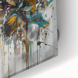 Close-up of vibrant abstract floral acrylic artwork on glass, showcasing intricate colors and textures, perfect for modern home decor and artistic display.
