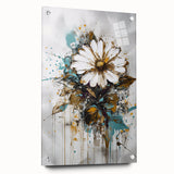 Abstract floral design on acrylic glass featuring vibrant colors and intricate patterns, displayed from a side view with protective pins for stability.