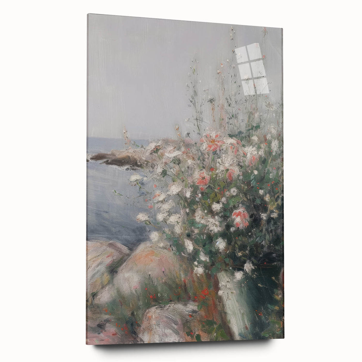 Abstract floral acrylic artwork displayed on a clear glass, showcasing vibrant colors and intricate designs, ideal for modern home decor or art collections.