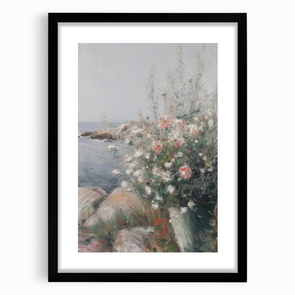 Abstract floral framed artwork featuring vibrant colors and intricate patterns, set inside a sleek black mat. Perfect for modern home decor or gallery displays.