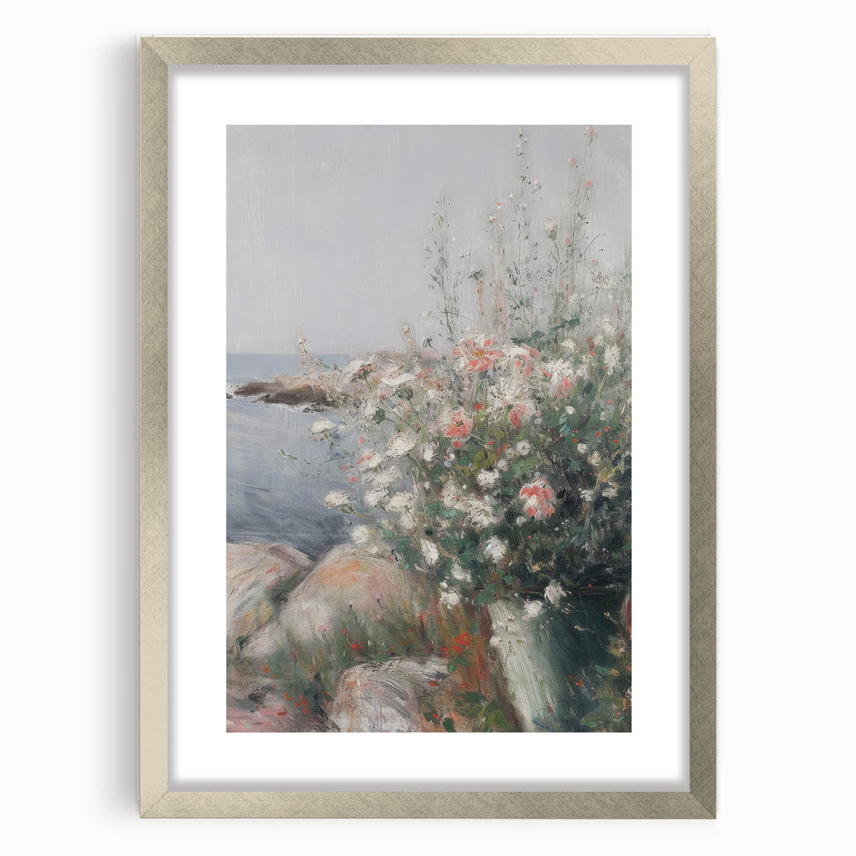 Abstract floral frame artwork in a silver mat, showcasing vibrant colors and intricate details, perfect for adding elegance to any modern decor.