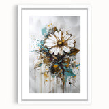 Abstract floral artwork framed with a white mat, showcasing vibrant colors and intricate designs, perfect for modern home decor or art enthusiasts.