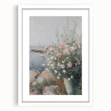 Abstract floral art frame featuring vibrant pink, blue, and green flowers against a white background, elegantly matted for a sophisticated presentation.