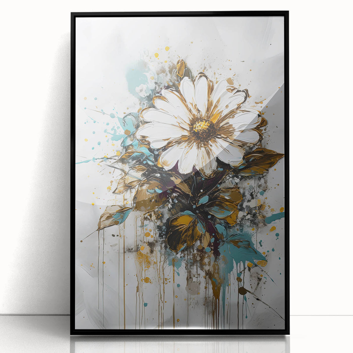 Framed acrylic artwork showcasing a vibrant abstract floral design in hues of blue and pink, set against a sleek black background, perfect for modern home decor.