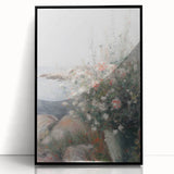 Framed acrylic artwork showcasing an abstract floral design with vibrant colors and intricate patterns, set against a sleek black frame, perfect for modern decor.