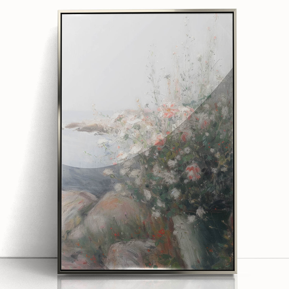 Framed acrylic artwork showcasing an abstract floral design in vibrant colors, set in a sleek silver frame, perfect for modern home decor.