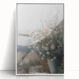 Framed acrylic artwork showcasing vibrant abstract florals in a white frame, perfect for modern home decor. Ideal for brightening living spaces or offices.