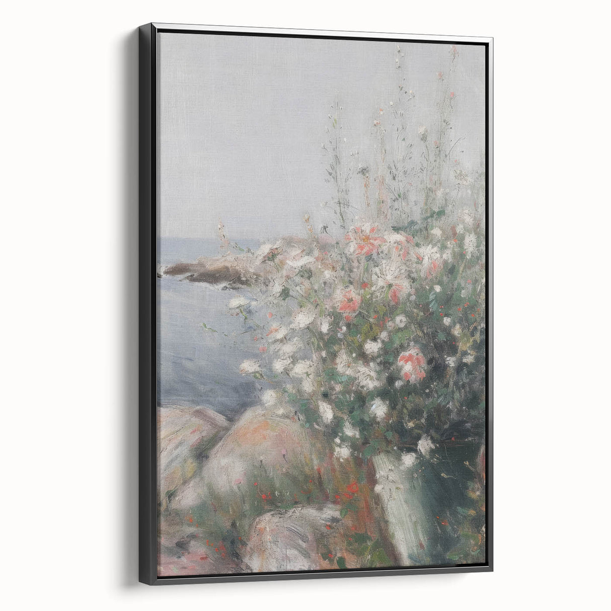 Framed canvas artwork showcasing abstract floral designs in vibrant colors, set against a black background, ideal for modern home decor.