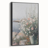 Framed canvas artwork showcasing abstract floral designs in vibrant colors, set against a black background, ideal for modern home decor.