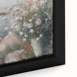 Close-up of an abstract floral framed canvas artwork showcasing vibrant colors like teal, pink, and gold, perfect for modern home decor and artistic ambiance.