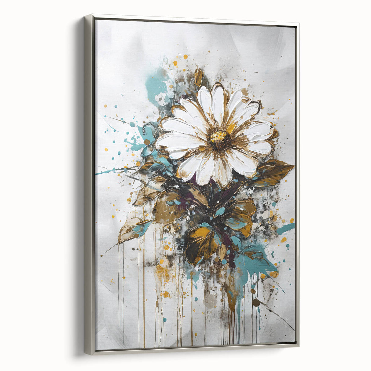Framed abstract floral canvas art showcasing vibrant colors and intricate patterns, set against a sleek silver frame, ideal for modern home decor.