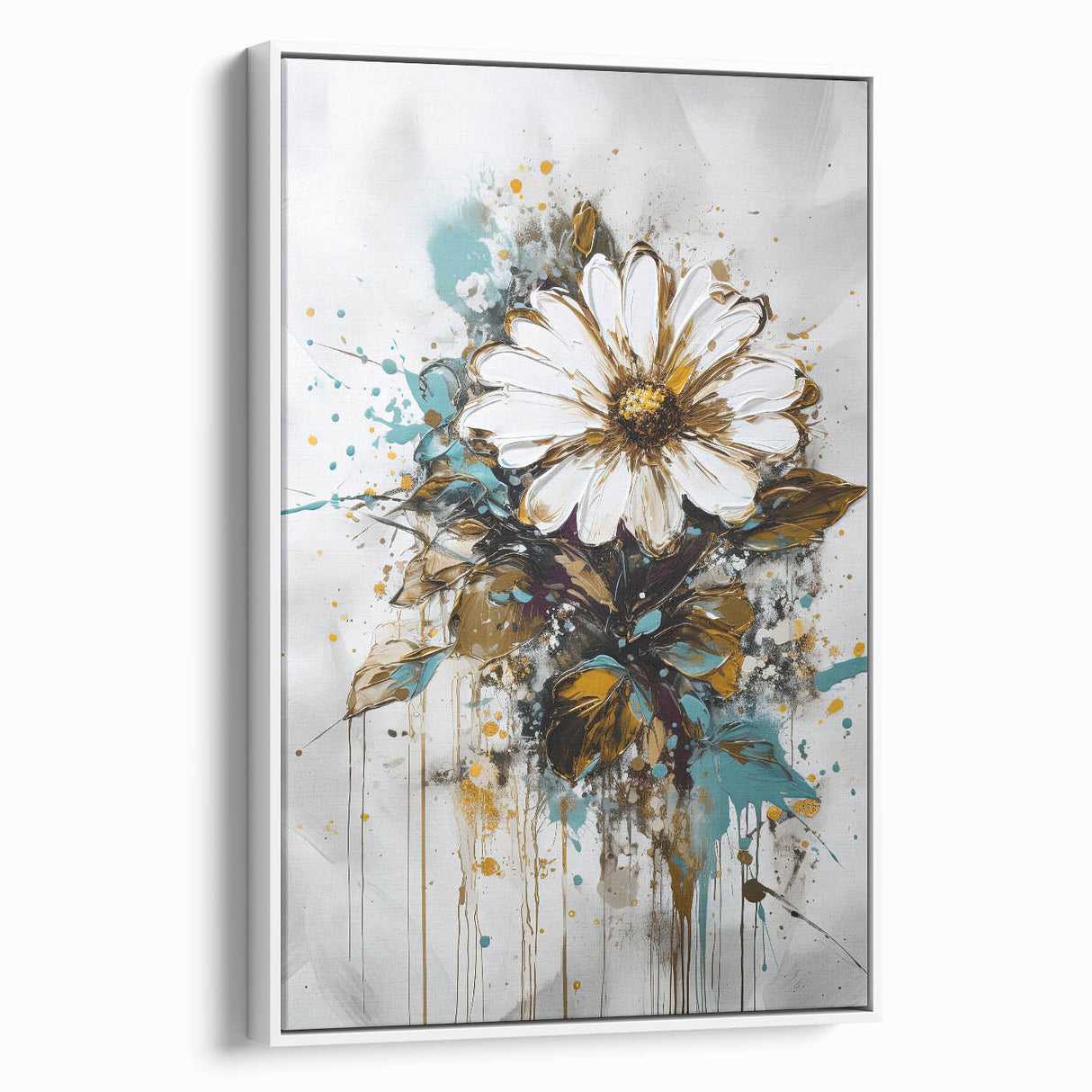 Abstract floral framed canvas art showcasing vibrant colors and intricate patterns, displayed from a side view against a white background, perfect for home decor.