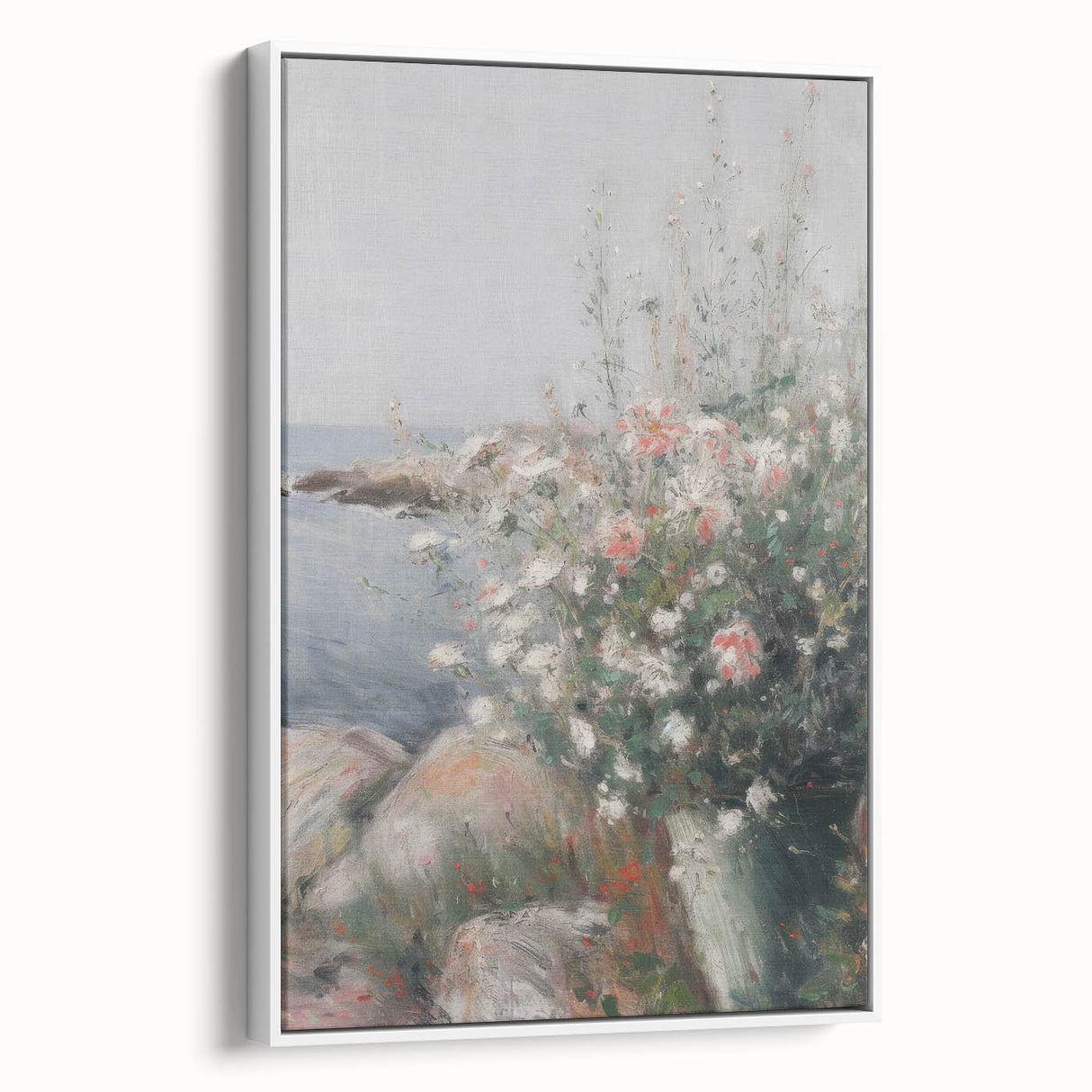 Framed canvas artwork showcasing an abstract floral design in vibrant colors, displayed at a side angle against a neutral background, perfect for home decor.