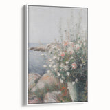 Framed canvas artwork showcasing an abstract floral design in vibrant colors, displayed at a side angle against a neutral background, perfect for home decor.