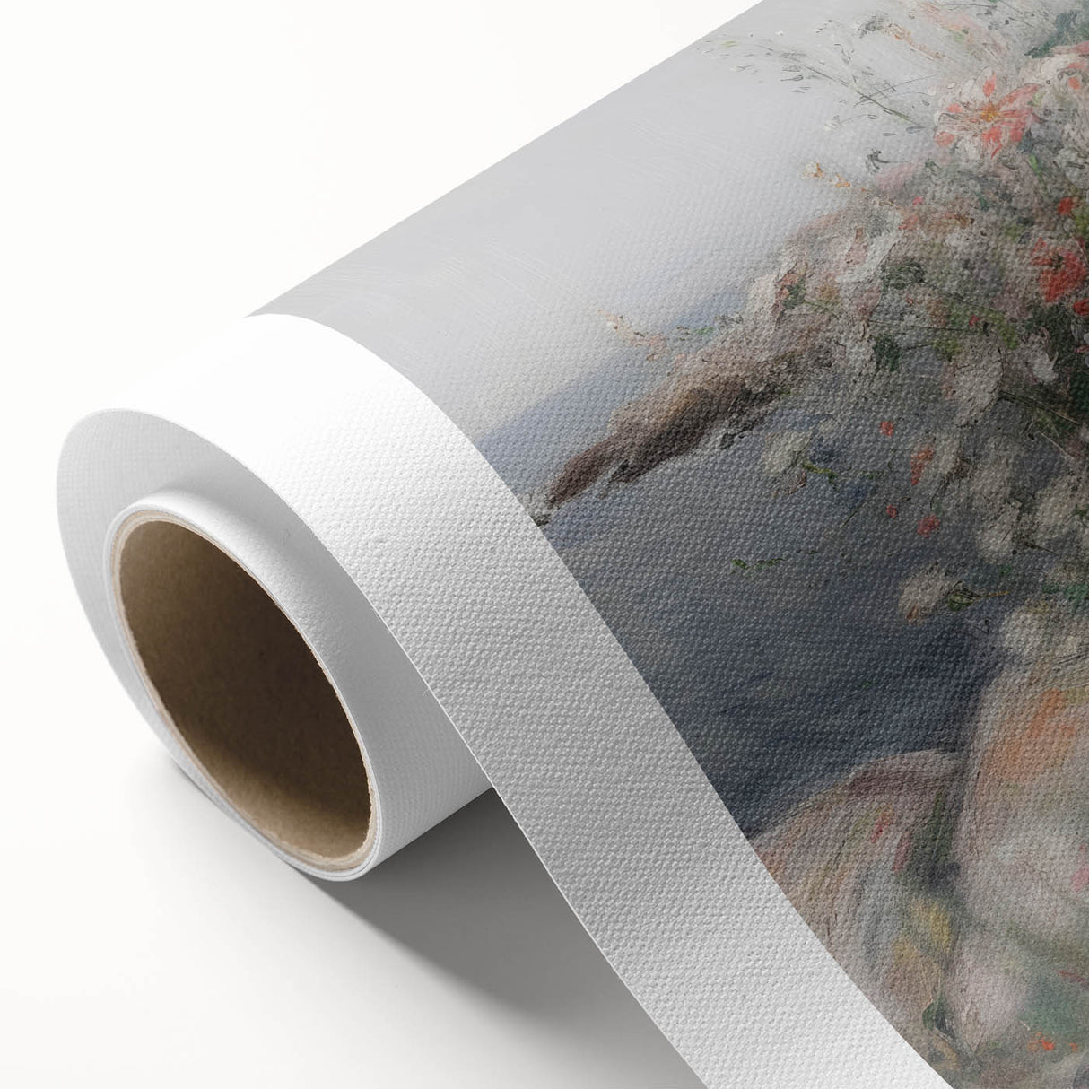 Abstract floral design on rolled canvas, showcasing vibrant colors and intricate patterns, ideal for modern home decor. Comes in a protective cardboard tube.