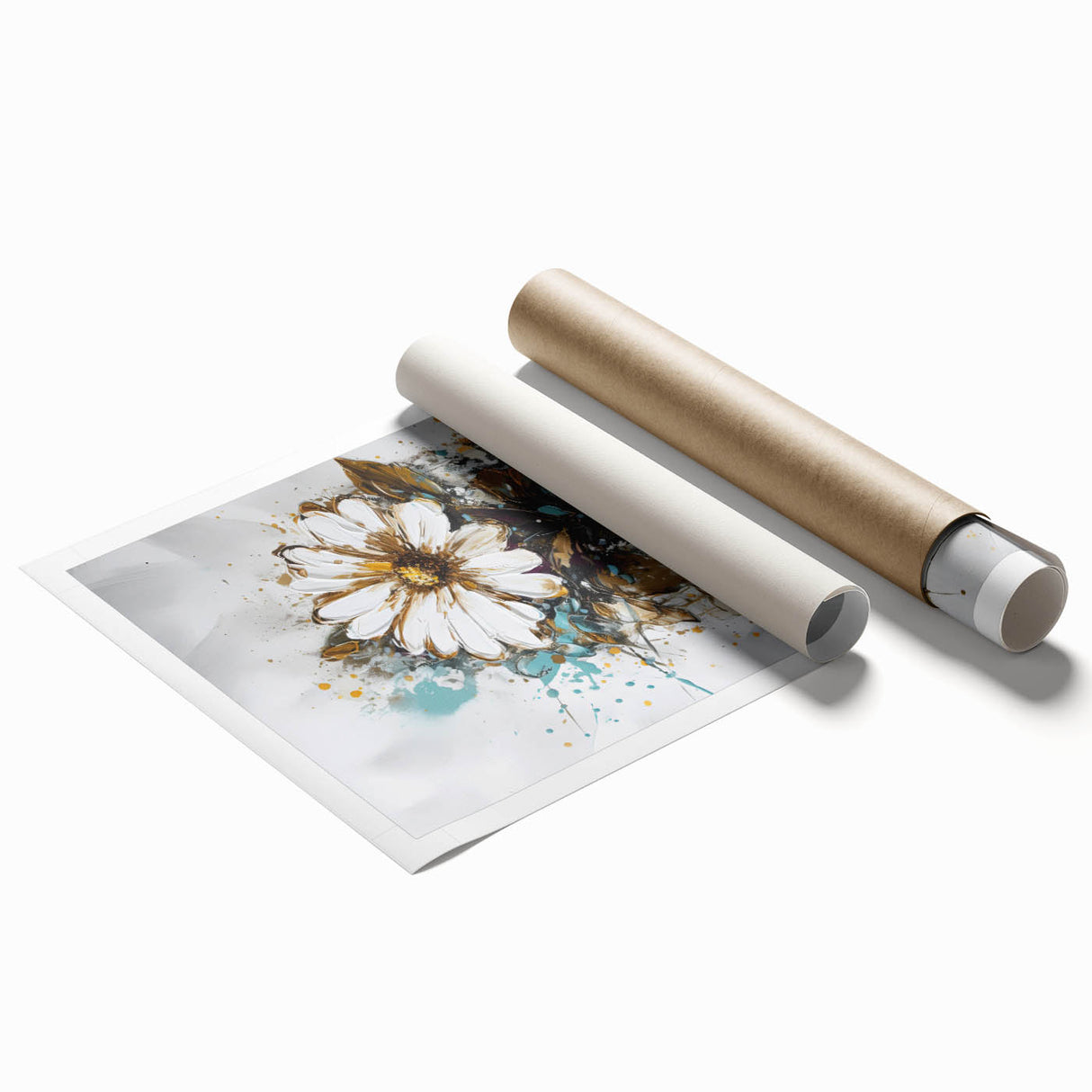 Abstract floral design rolled print in vibrant colors, featuring intricate patterns and textures. Ideal for modern home decor, elegantly packaged in a protective tube.