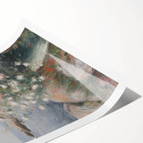 Abstract floral rolled print featuring vibrant colors like pink, blue, and green, showcasing intricate designs, perfect for decorative wall art in modern spaces.