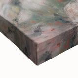 Close-up of an abstract floral canvas artwork showcasing vibrant colors of pink, green, and gold, highlighting intricate brushstrokes and textures. Ideal for modern home decor.