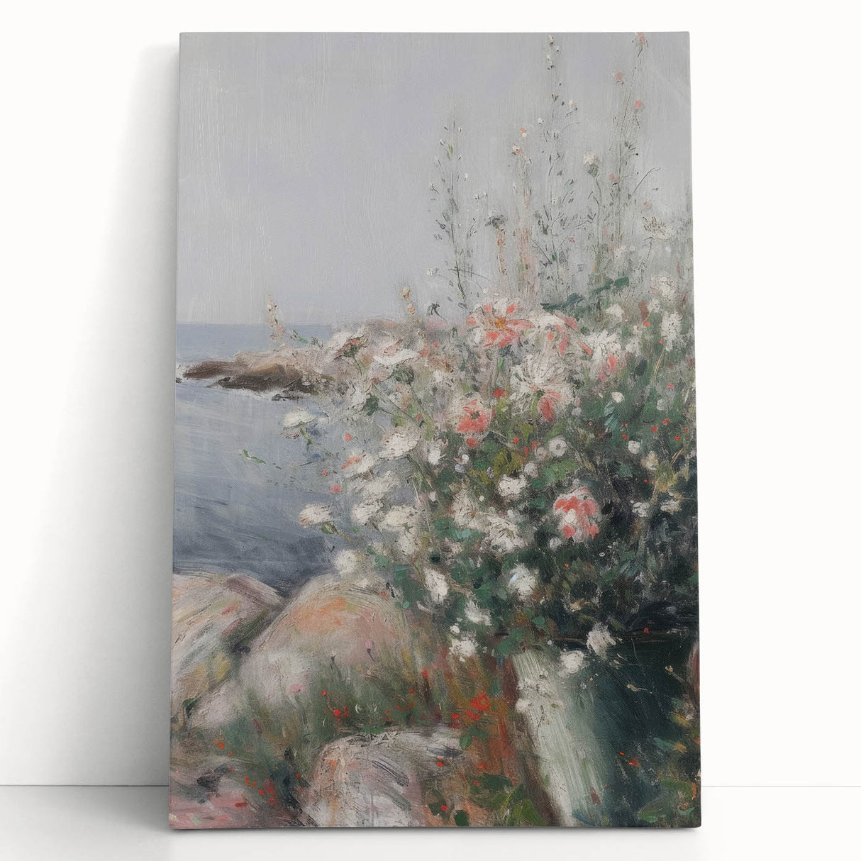 Abstract floral stretched canvas art in vibrant colors, showcasing intricate flower patterns and textures, elegantly leaning against a neutral wall. Perfect for modern home decor.