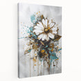 Abstract floral design displayed on a stretched canvas, showcasing vibrant colors and intricate patterns from a side view, ideal for modern home decor.