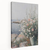 Abstract floral stretched canvas art showcasing vibrant colors and intricate details, elegantly displayed from the side to highlight its depth and texture. Ideal for modern home decor.